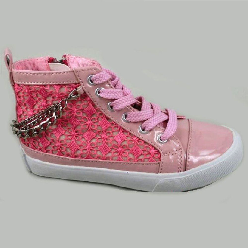 NEW Girls 12 13‎ Amiana Pink w/Chains Fun High Top Sneakers Lace Overlay Super